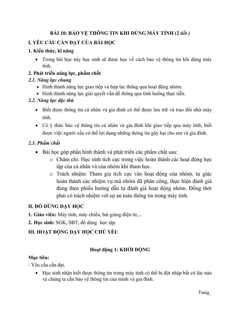 Giáo Án Tin Lớp 3 KNTT Bài 10 Bảo Vệ Thông Tin Khi Dùng Máy Tính