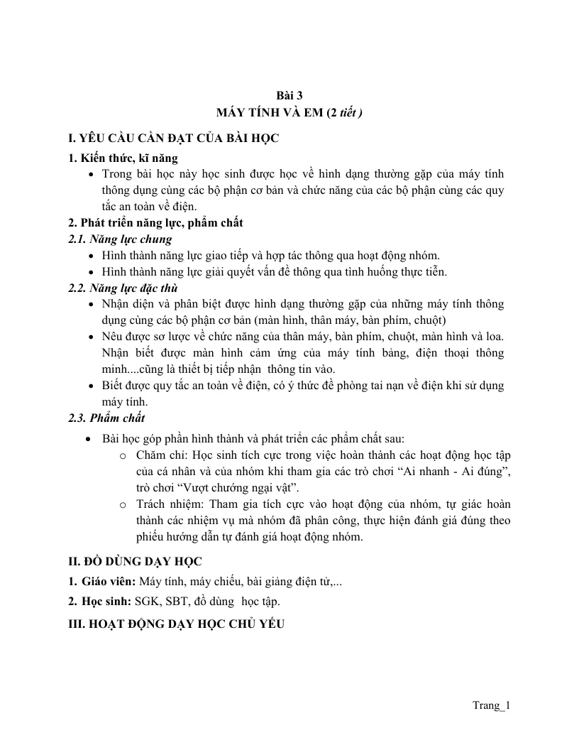 Giáo Án Tin Lớp 3 Bài 3 Máy Tính Và Em