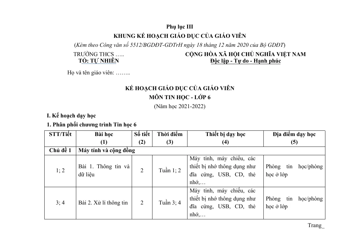 Kế Hoạch Giáo Dục Tin Học 6 Sách