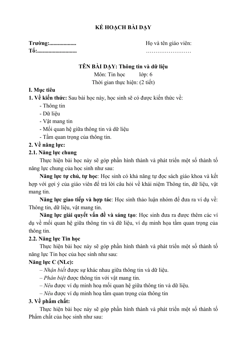 Giáo Án Tin 6 Sách Cả Năm Phương Pháp Mới - Bộ 1