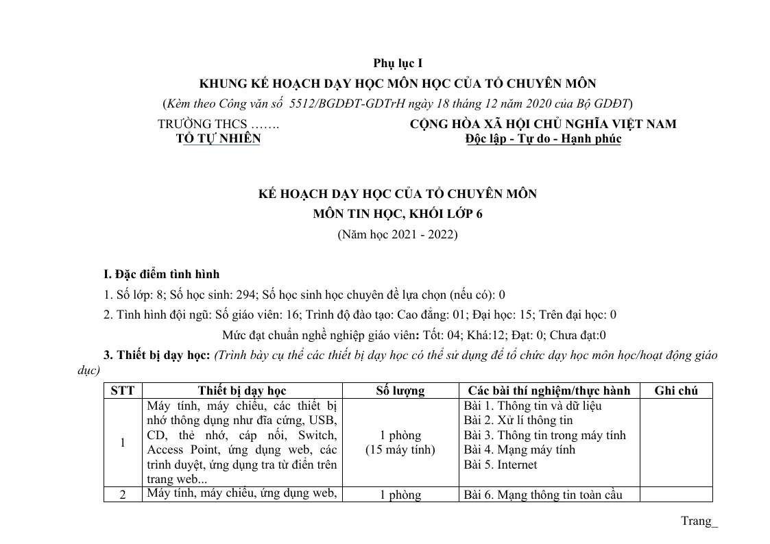 Kế Hoạch Dạy Học Tin Học 6 Tổ Chuyên Môn Sách