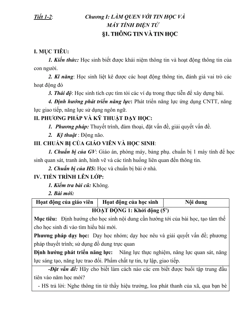 Giáo Án Tin Học 6 Phương Pháp Mới Theo CV 5512 Phát Triển Năng Lực Cả Năm