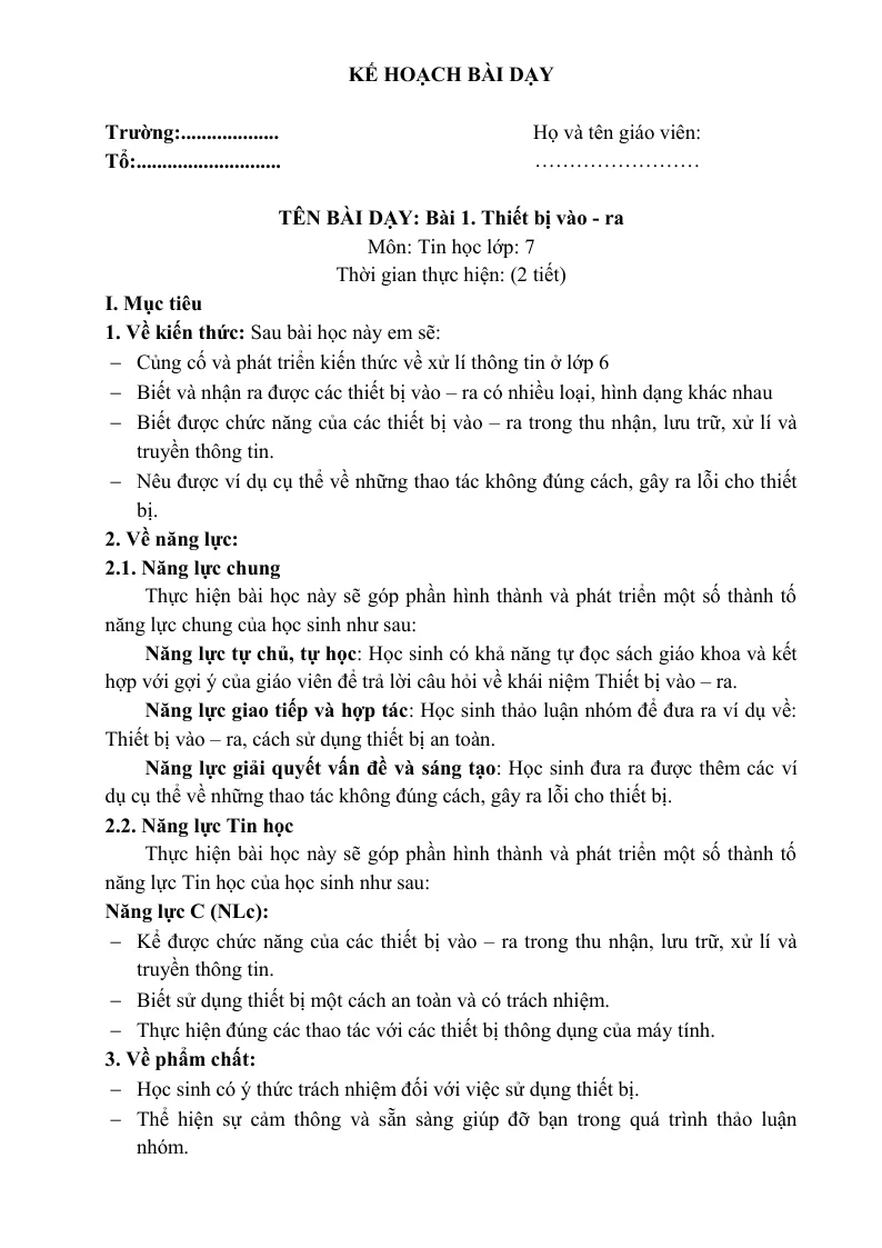 Giáo Án Môn Tin Lớp 7 Sách Học Kỳ 1