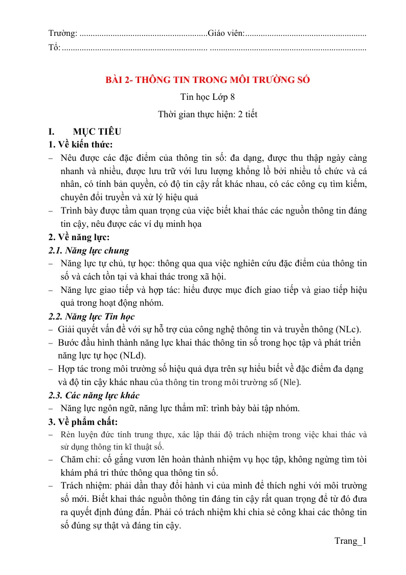 Giáo Án Tin 8 Bài 2 Thông Tin Trong Môi Trường Số