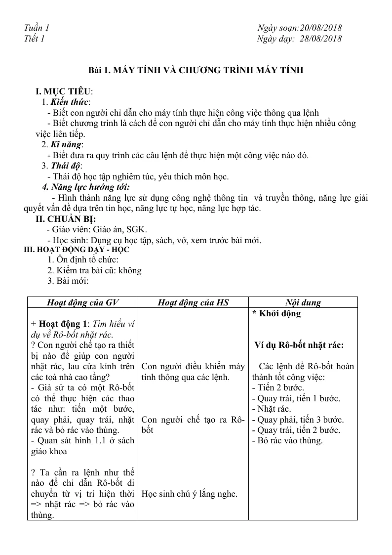 Giáo Án Môn Tin Lớp 8 Cả Năm Chương Trình Chuẩn 3 Cột