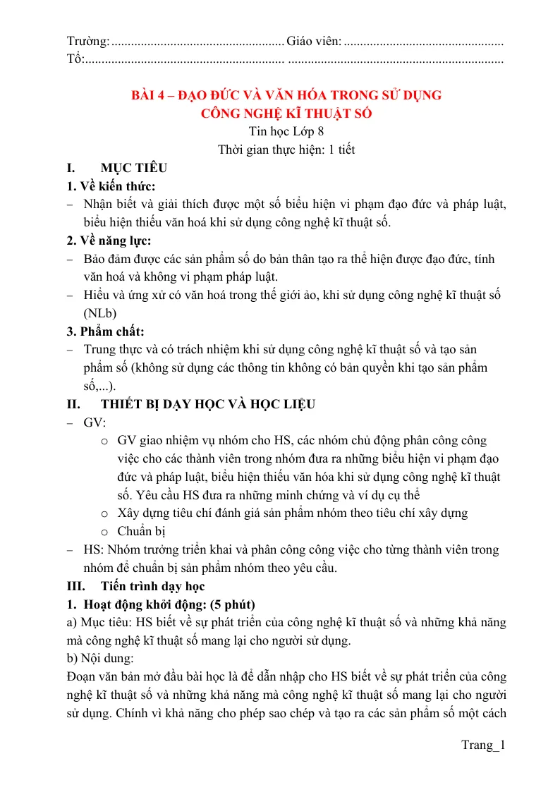 Giáo Án Tin 8 Bài 4 Đạo Đức Và Văn Hóa Trong Sử Dụng Công Nghệ Kĩ Thuật Số