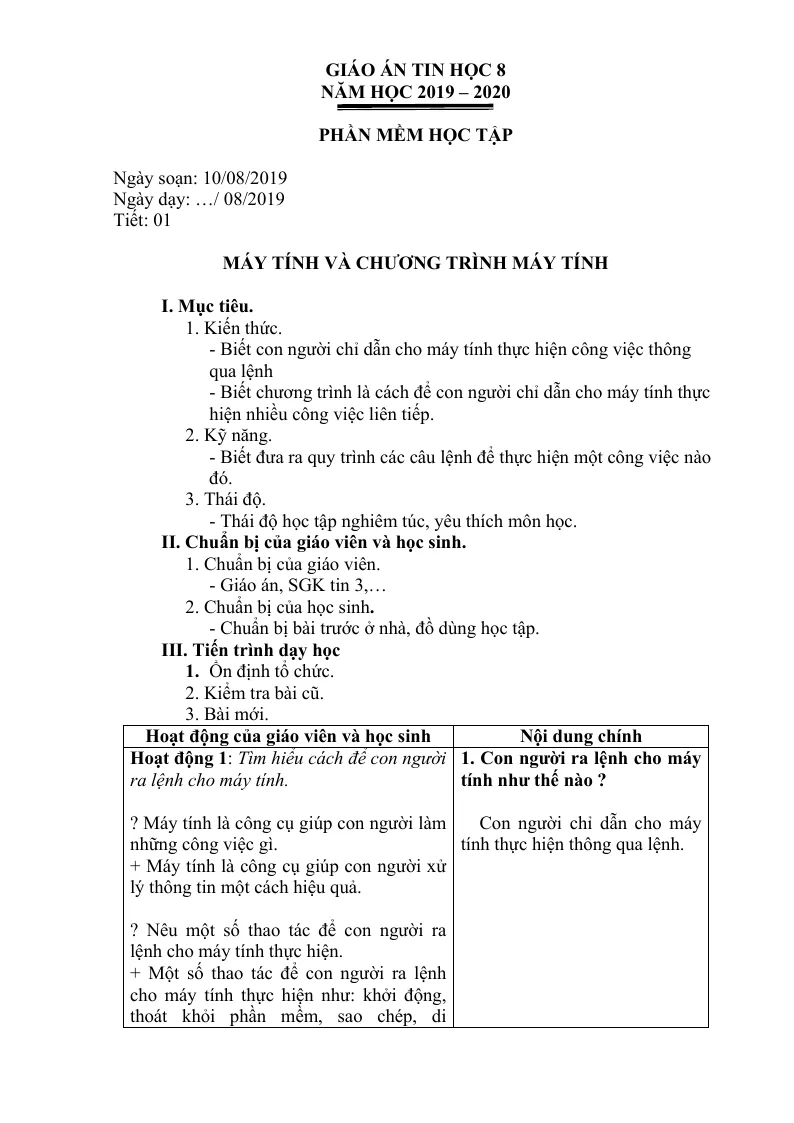 Giáo Án Môn Tin 8 Cả Năm Chương Trình Chuẩn 2 Cột