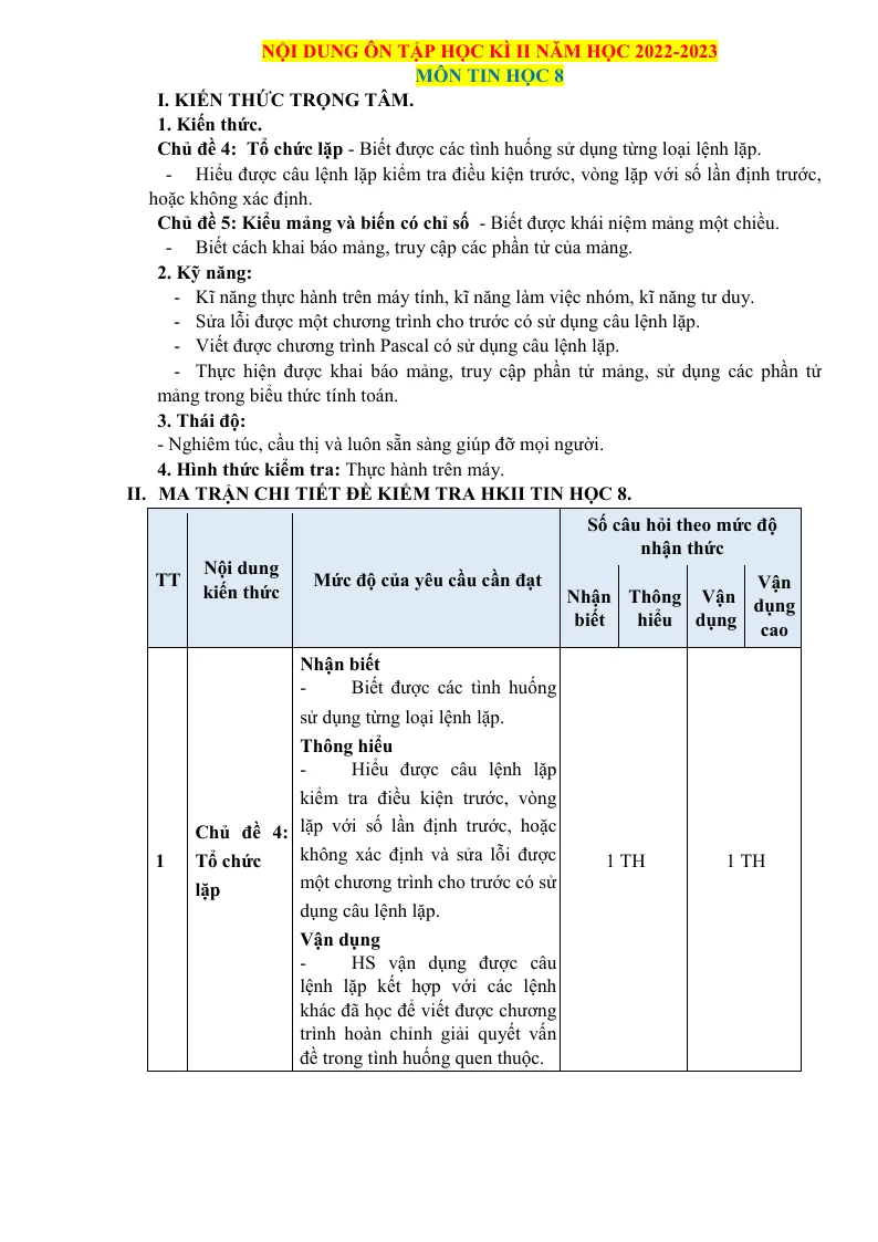 Nội Dung Ôn Tập Học Kỳ 2 Tin 8 Năm Học 2022 - 2023