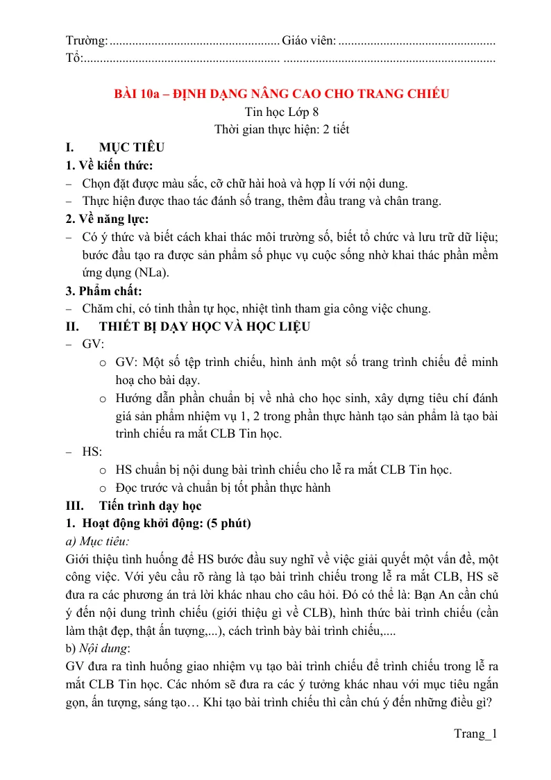 Giáo Án Tin 8 Bài 10a Định Dạng Nâng Cao Cho Trang Chiếu