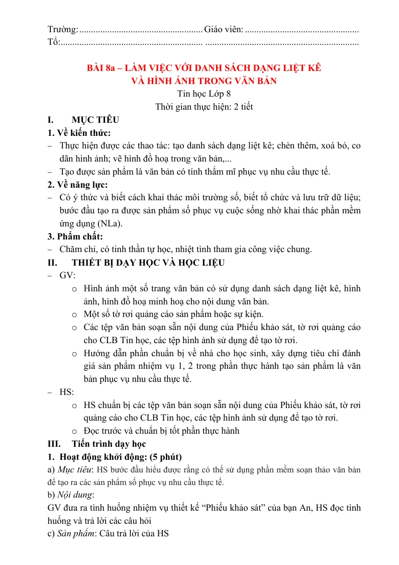 Giáo Án Tin 8 Bài 8a Làm Việc Với Danh Sách Dạng Liệt Kê Và Hình Ảnh Trong Văn Bản