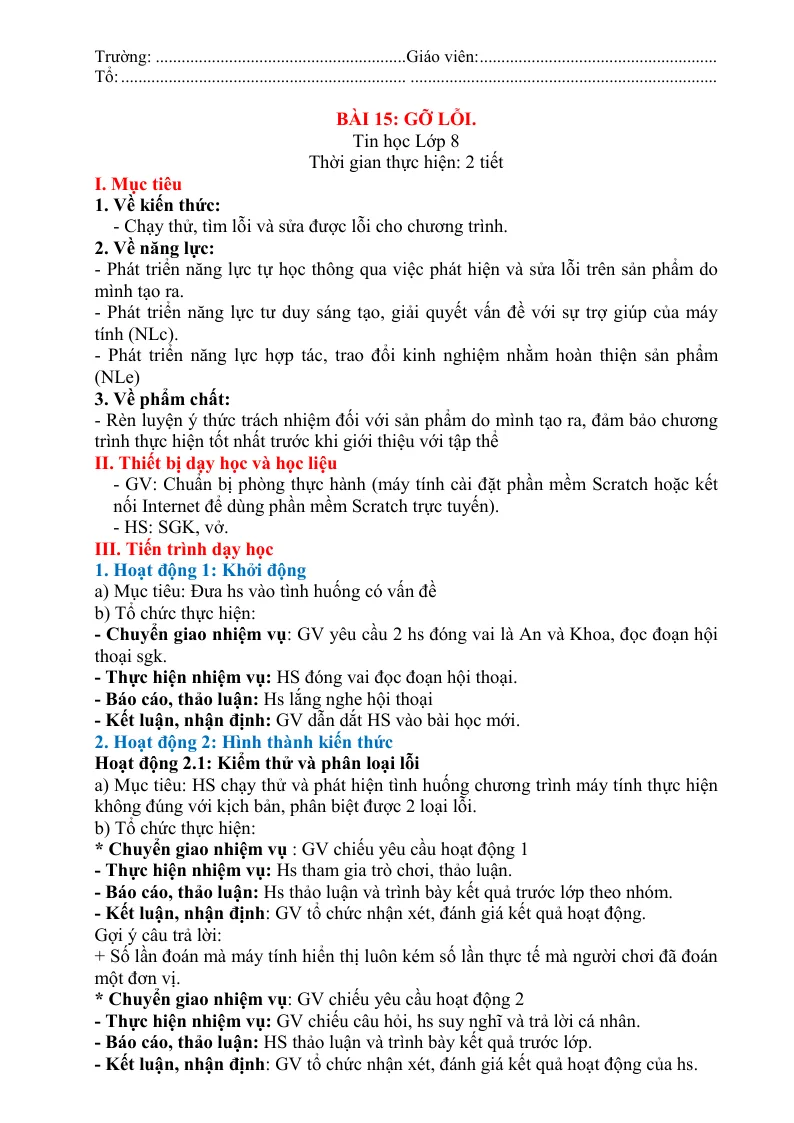 Giáo Án Tin 8 Bài 15 Gỡ Lỗi