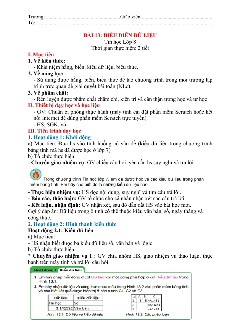 Giáo Án Tin 8 Bài 13 Biểu Diễn Dữ Liệu