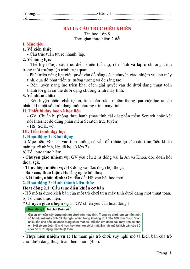 Giáo Án Tin 8 Bài 14 Cấu Trúc Điều Khiển