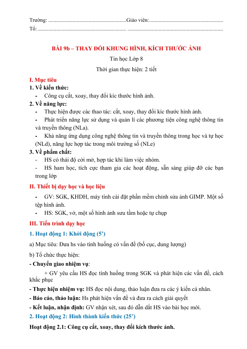 Giáo Án Tin 8 Bài 9b Thay Đổi Khung Hình Kích Thước Ảnh