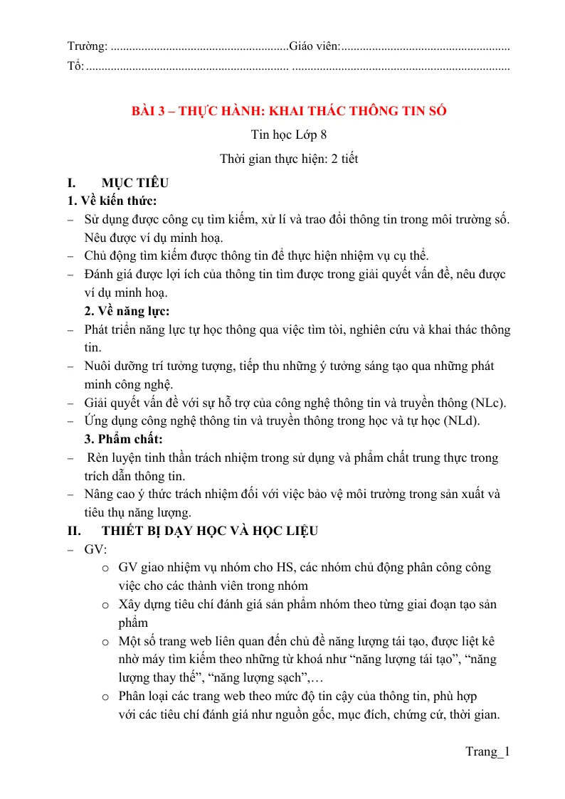 Giáo Án Tin 8 Bài 3 Thực Hành Khai Thác Thông Tin Số
