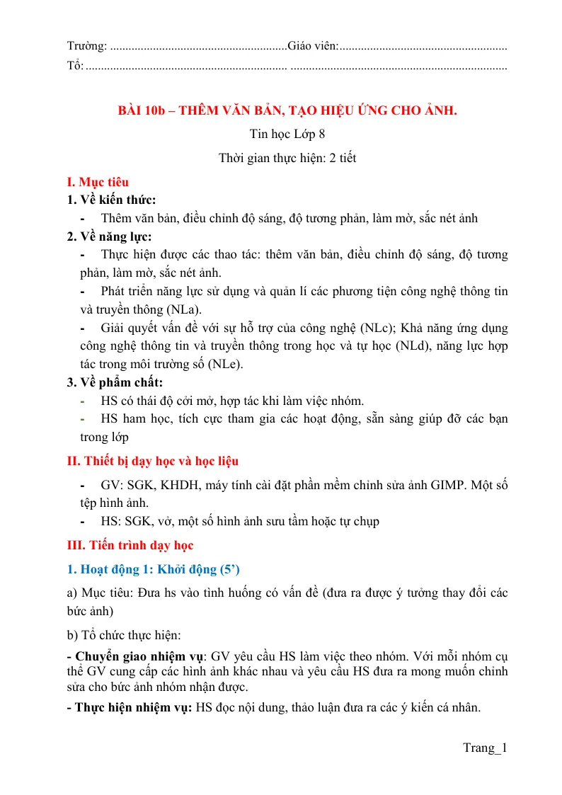 Giáo Án Tin 8 Bài 10b Thêm Văn Bản Tạo Hiệu Ứng Cho Ảnh