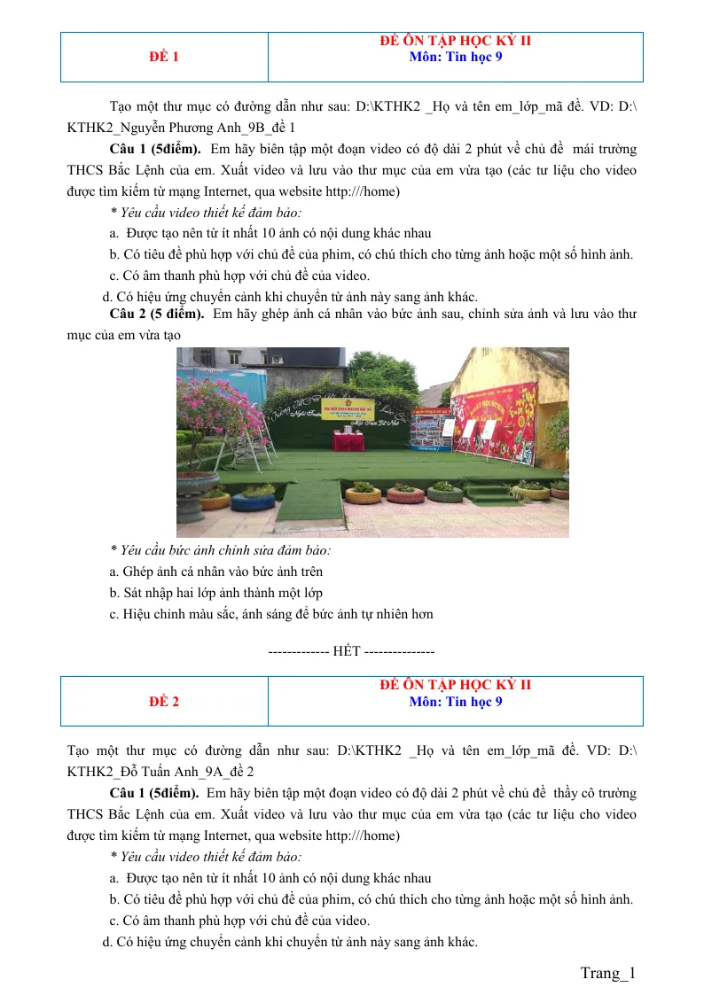 Bộ Đề Thi Học Kỳ 2 Môn Tin 9