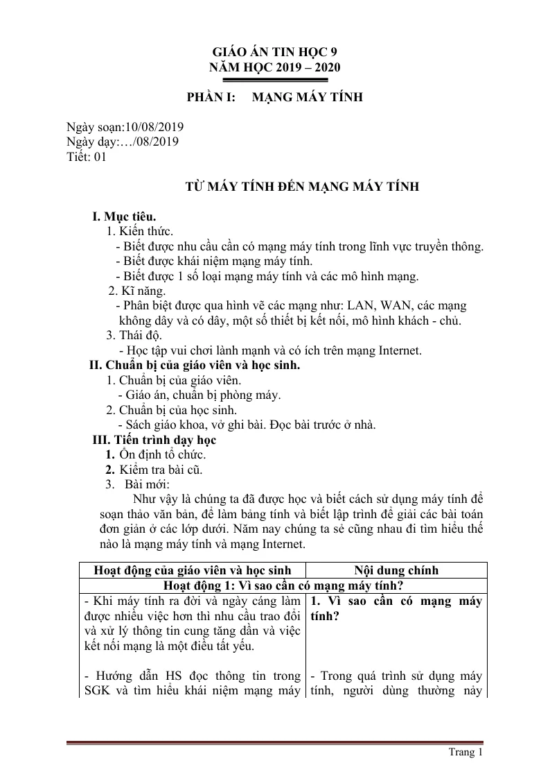 Giáo Án Môn Tin 9 Cả Năm Chương Trình Chuẩn 2 Cột