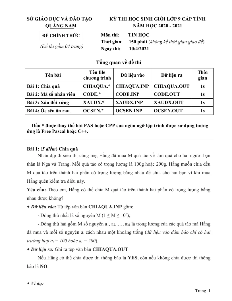 Đề Thi HSG Môn Tin 9 Tỉnh Quảng Nam 2020 - 2021