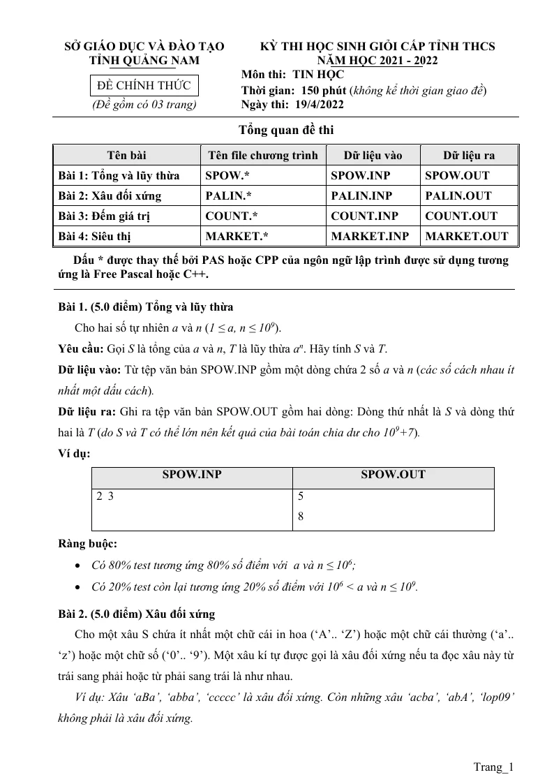 Đề Thi HSG Môn Tin Lớp 9 Tỉnh Quảng Nam 2021 - 2022