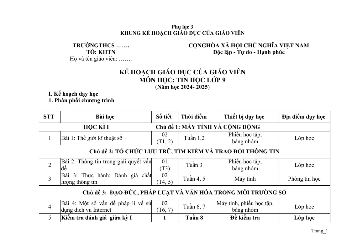 Kế Hoạch Giáo Dục Tin 9 2024 - 2025
