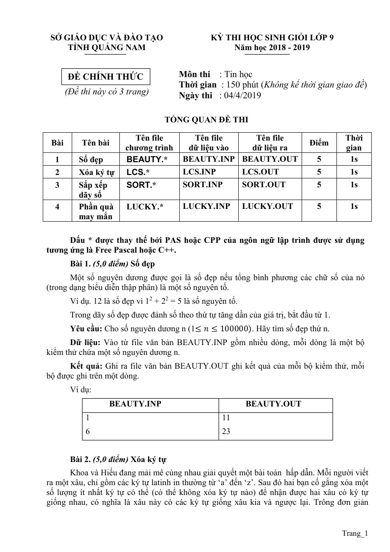Đề Thi HSG Tin Học 9 Tỉnh Quảng Nam 2018 - 2019