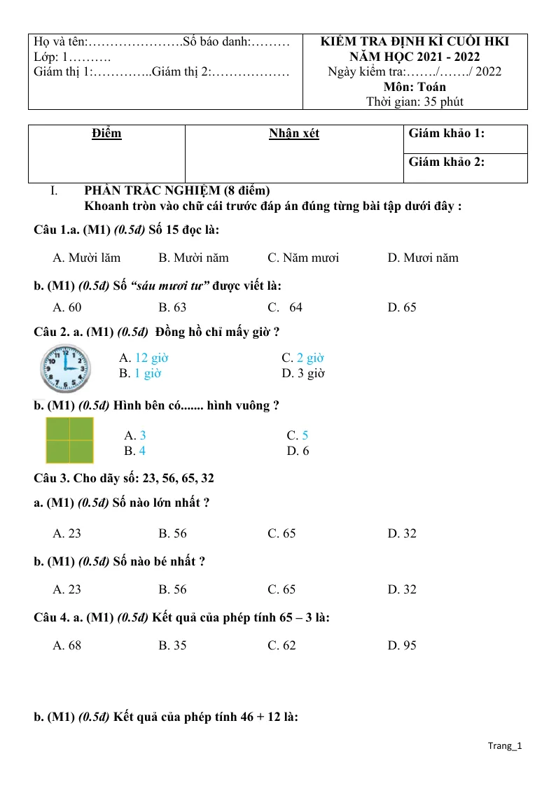 10 Đề Thi Cuối Học Kì 1 Toán 1