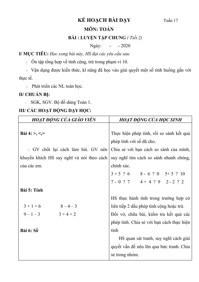 Giáo Án Toán Lớp 1 Sách Tuần 17