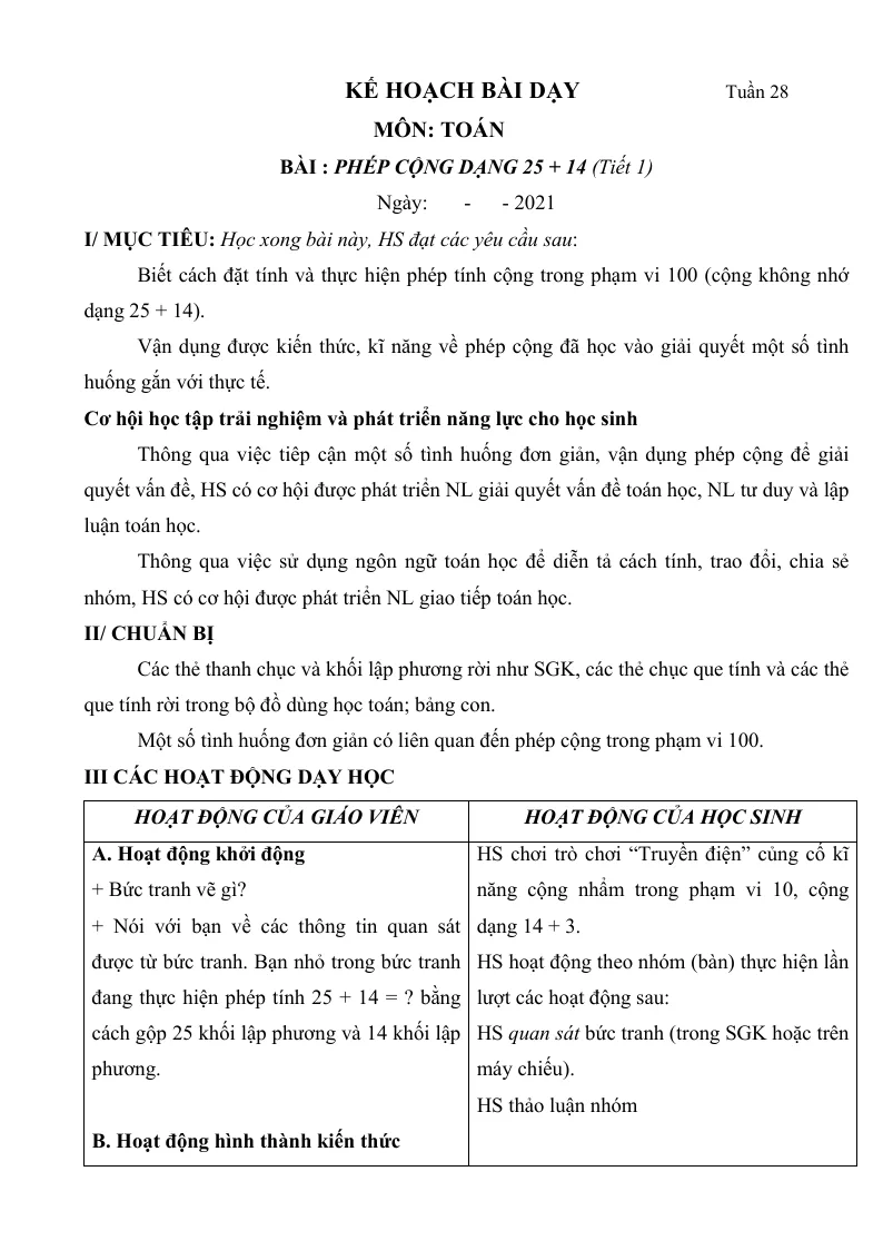 Giáo Án Toán Lớp 1 Sách Tuần 28