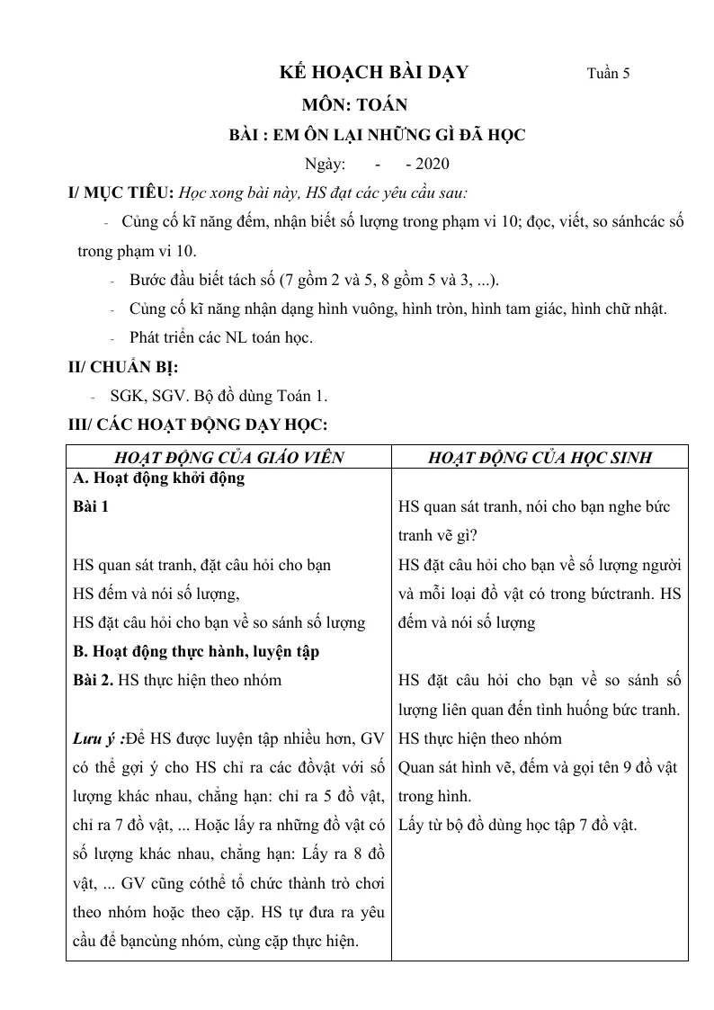 Giáo Án Toán Lớp 1 Sách Tuần 5
