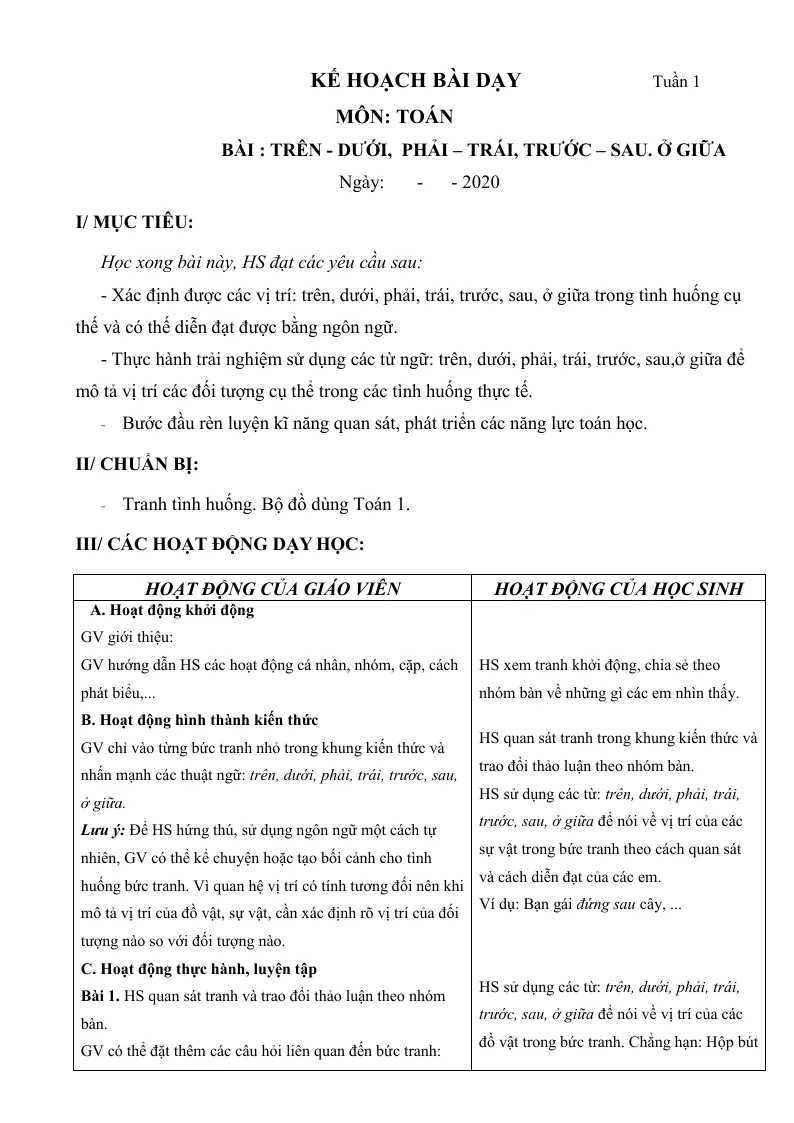 Giáo Án Toán Lớp 1 Sách Tuần 1