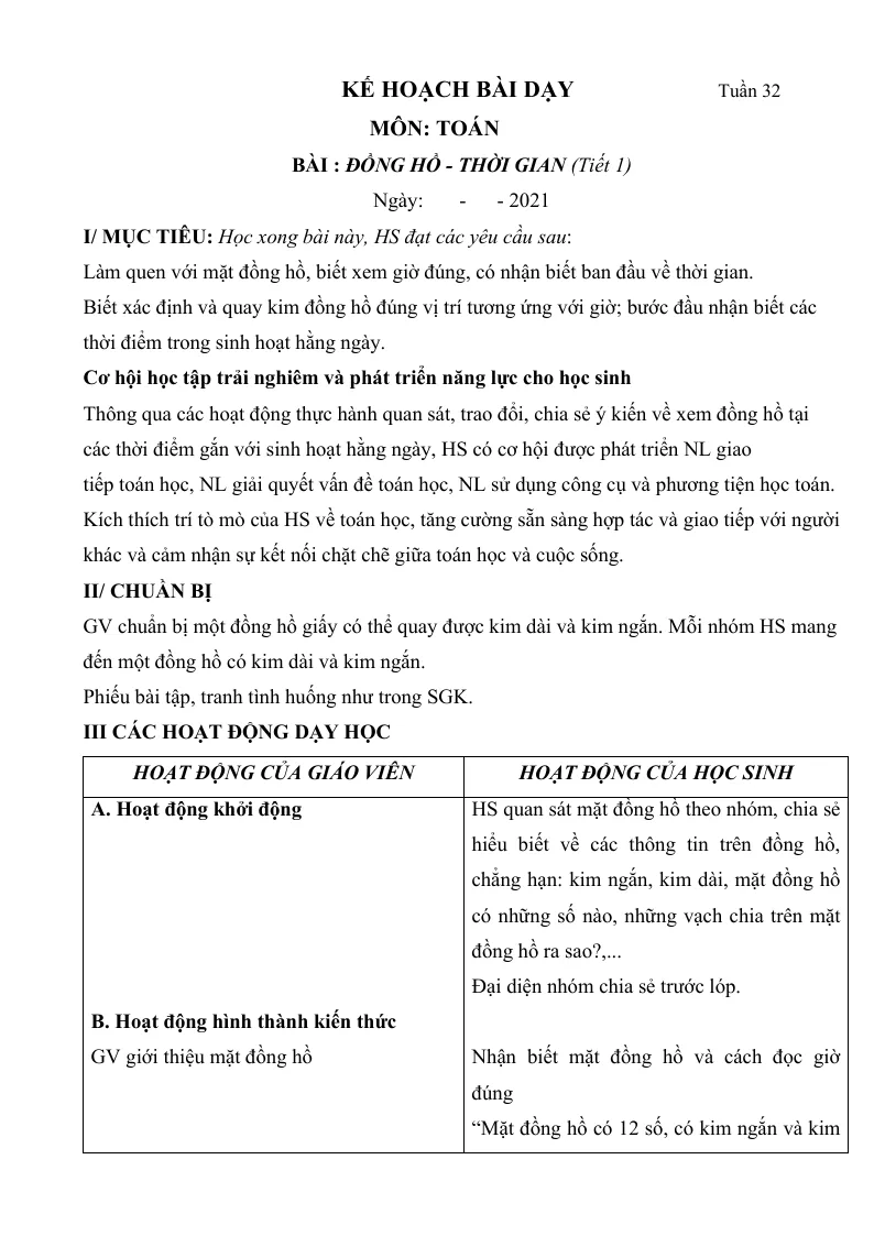 Giáo Án Toán Lớp 1 Sách Tuần 32