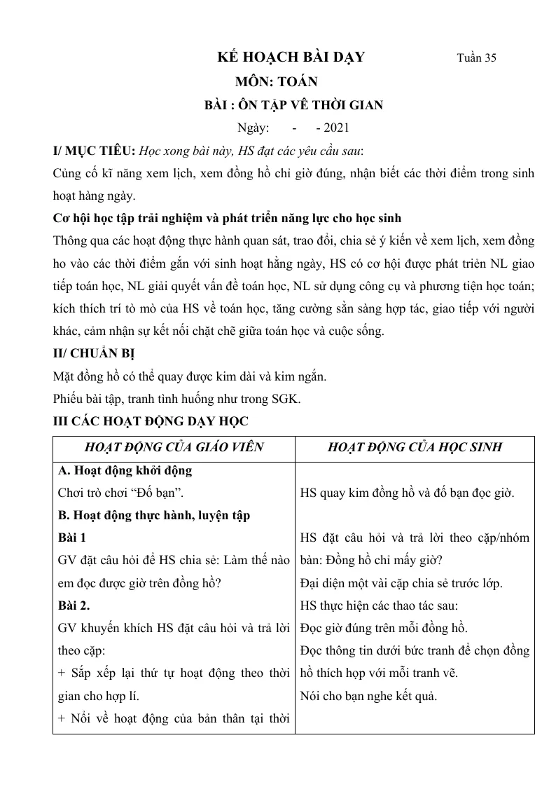 Giáo Án Toán Lớp 1 Sách Tuần 35