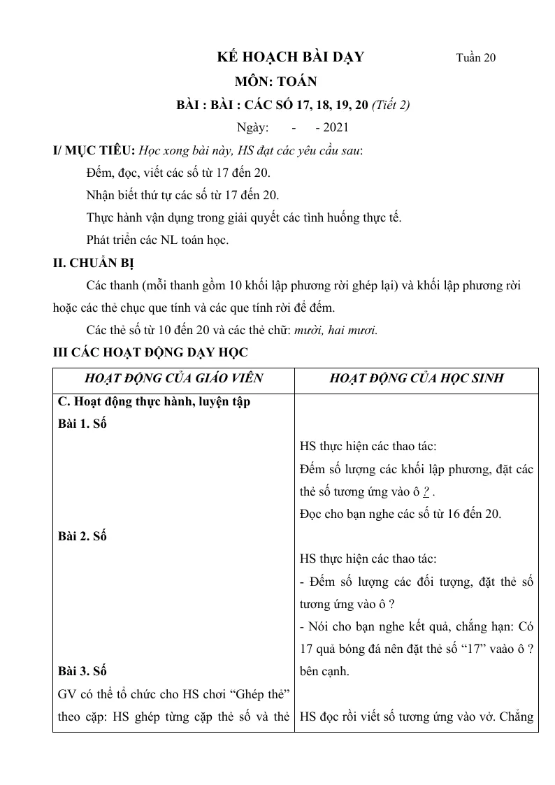 Giáo Án Toán Lớp 1 Sách HK2 (Bộ 2)