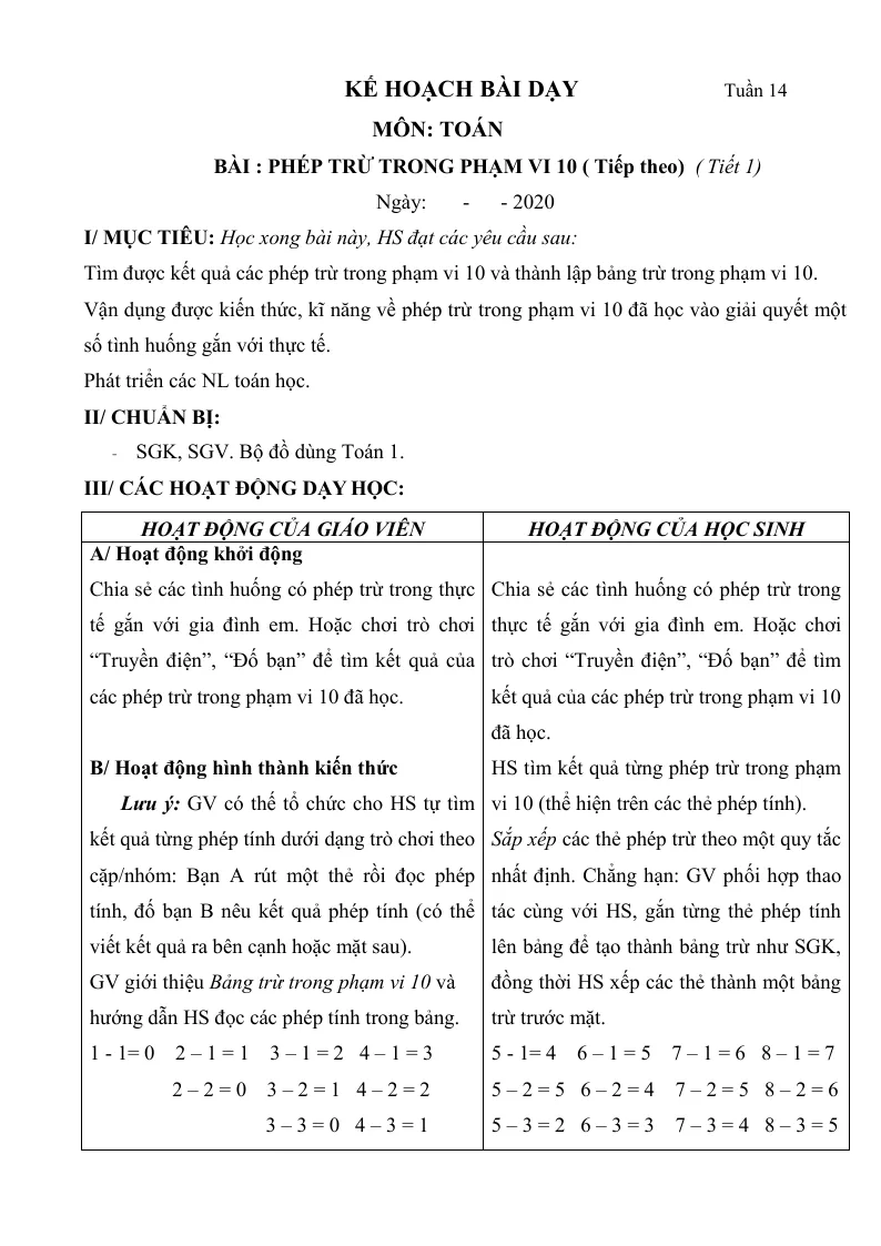 Giáo Án Toán Lớp 1 Sách Tuần 14