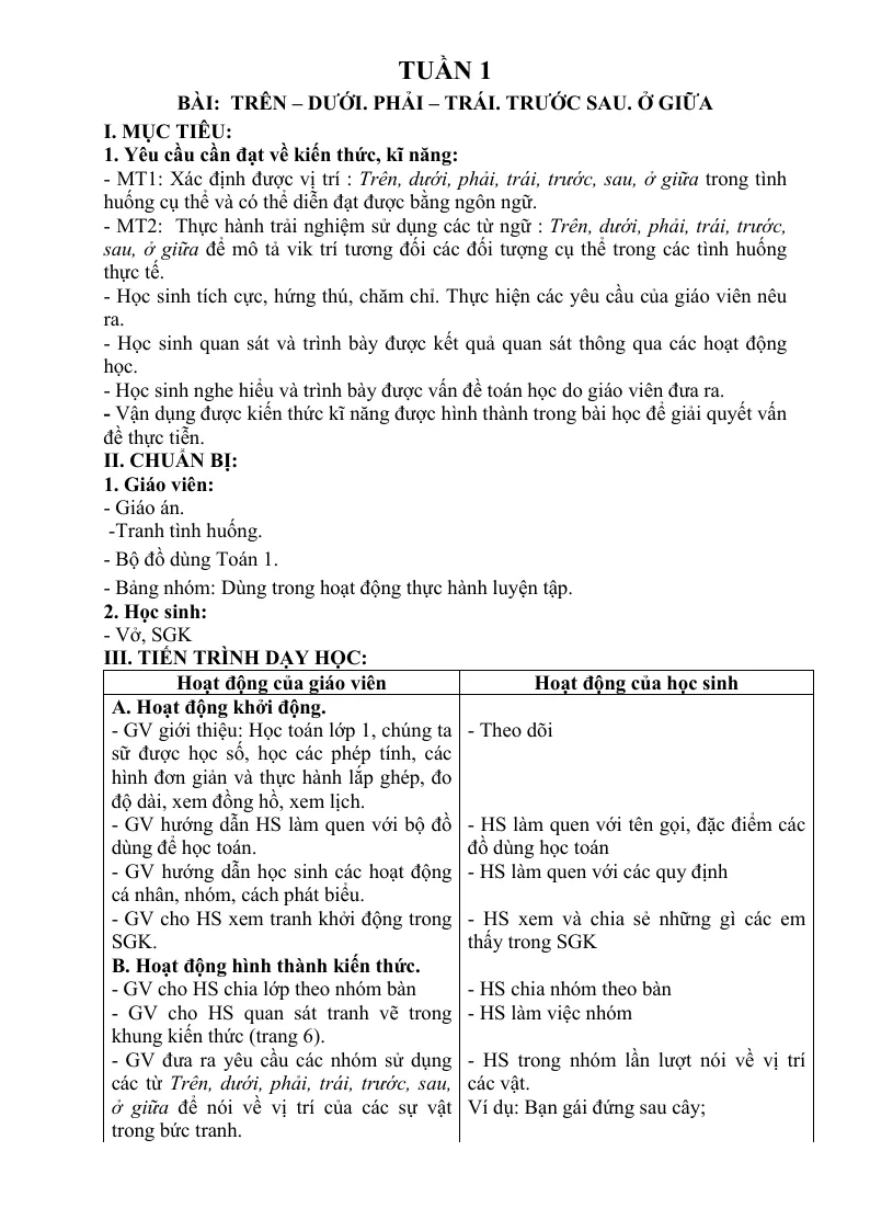 Giáo Án Toán 1 Học Kỳ 1 Sách (Bộ 1)