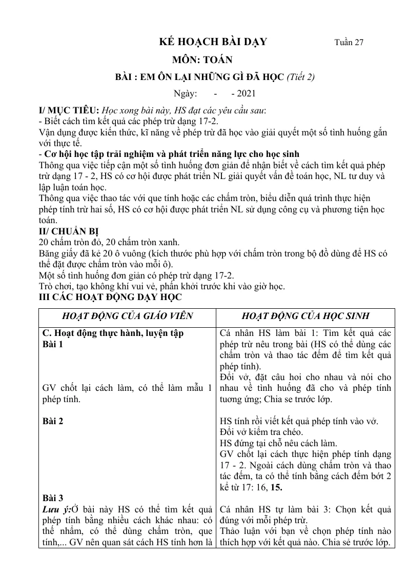 Giáo Án Toán Lớp 1 Sách Tuần 27
