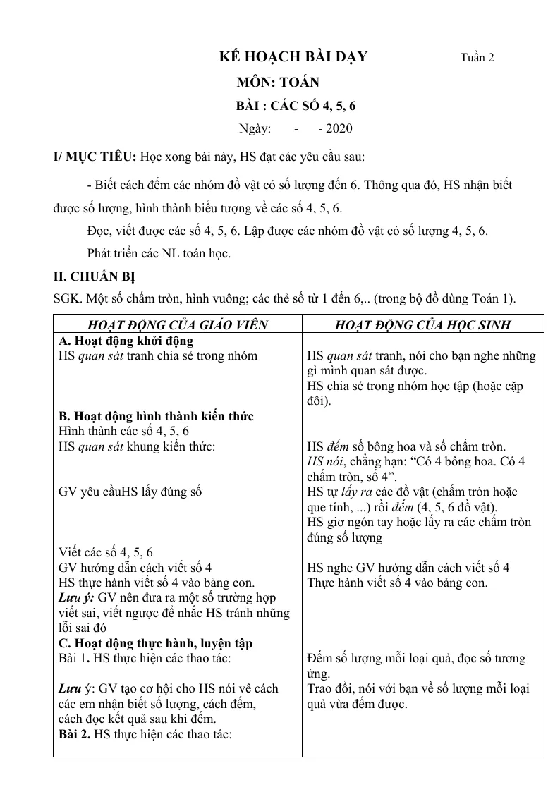 Giáo Án Toán Lớp 1 Sách Tuần 2