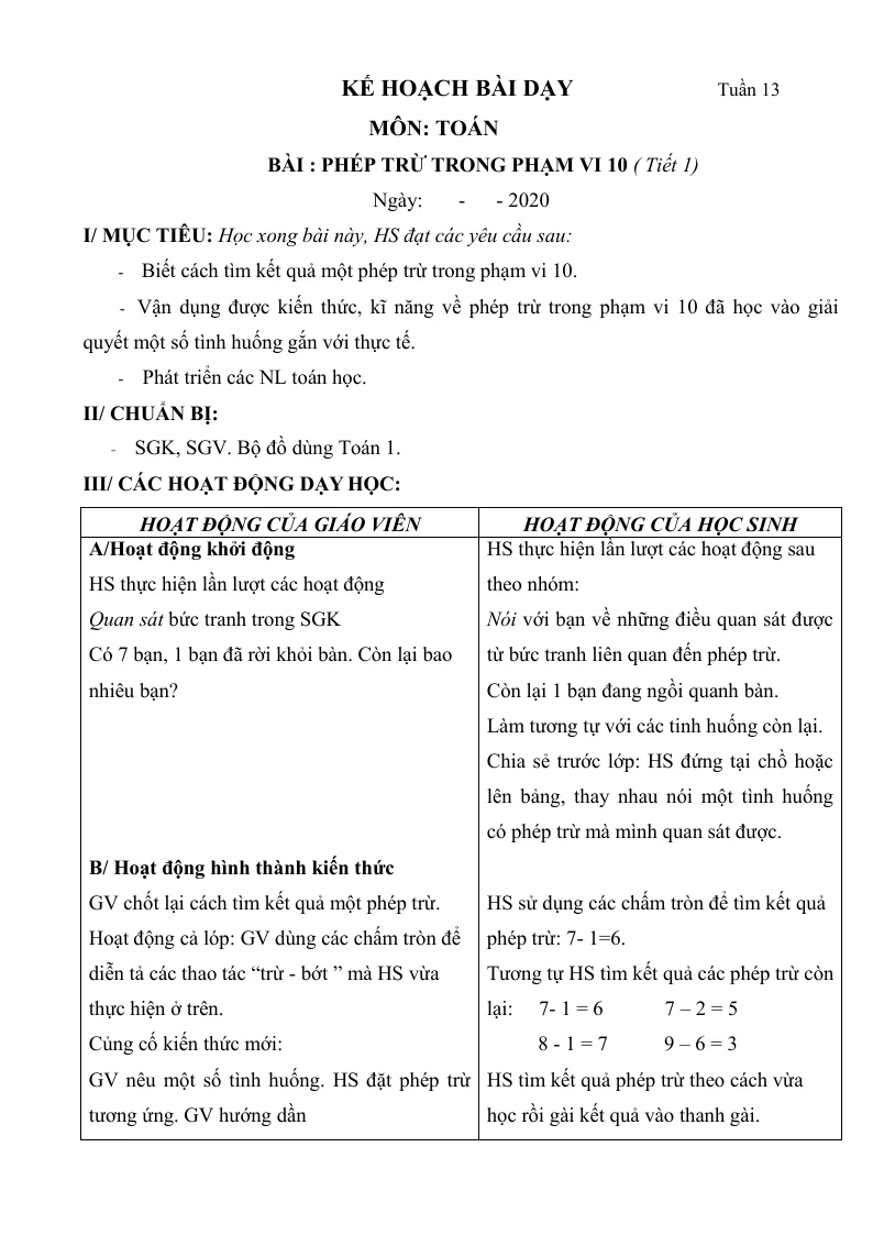 Giáo Án Toán Lớp 1 Sách Tuần 13