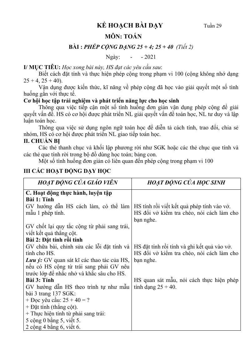 Giáo Án Toán Lớp 1 Sách Tuần 29