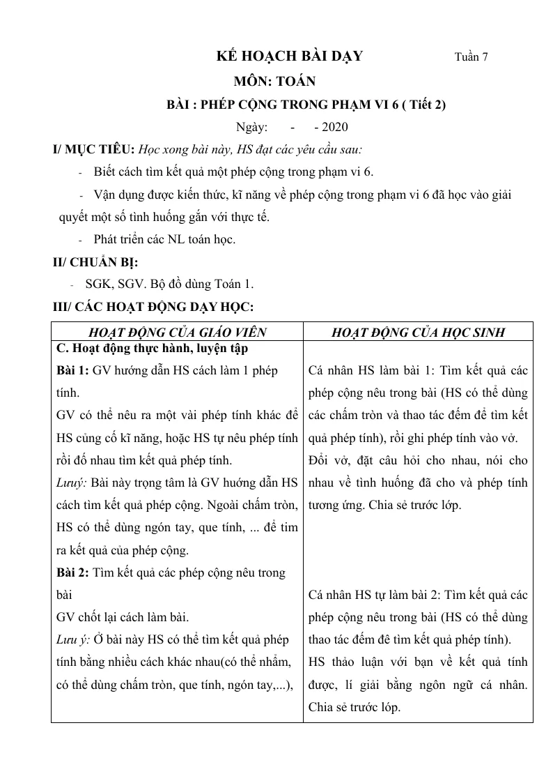 Giáo Án Toán Lớp 1 Sách Tuần 7