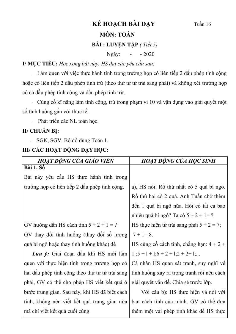 Giáo Án Toán Lớp 1 Sách Tuần 16