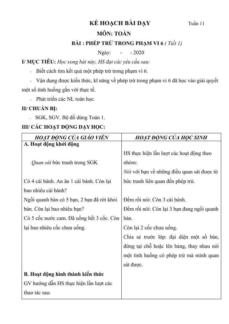 Giáo Án Toán Lớp 1 Sách Tuần 11