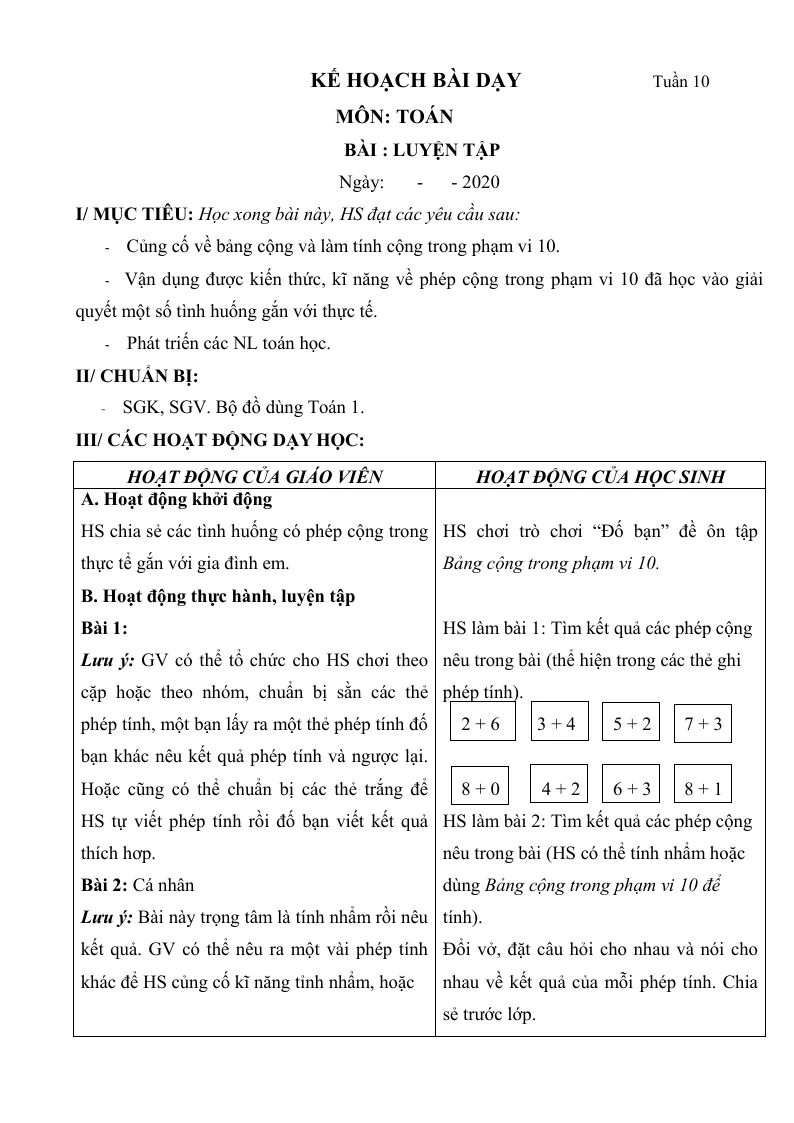 Giáo Án Toán Lớp 1 Sách Tuần 10