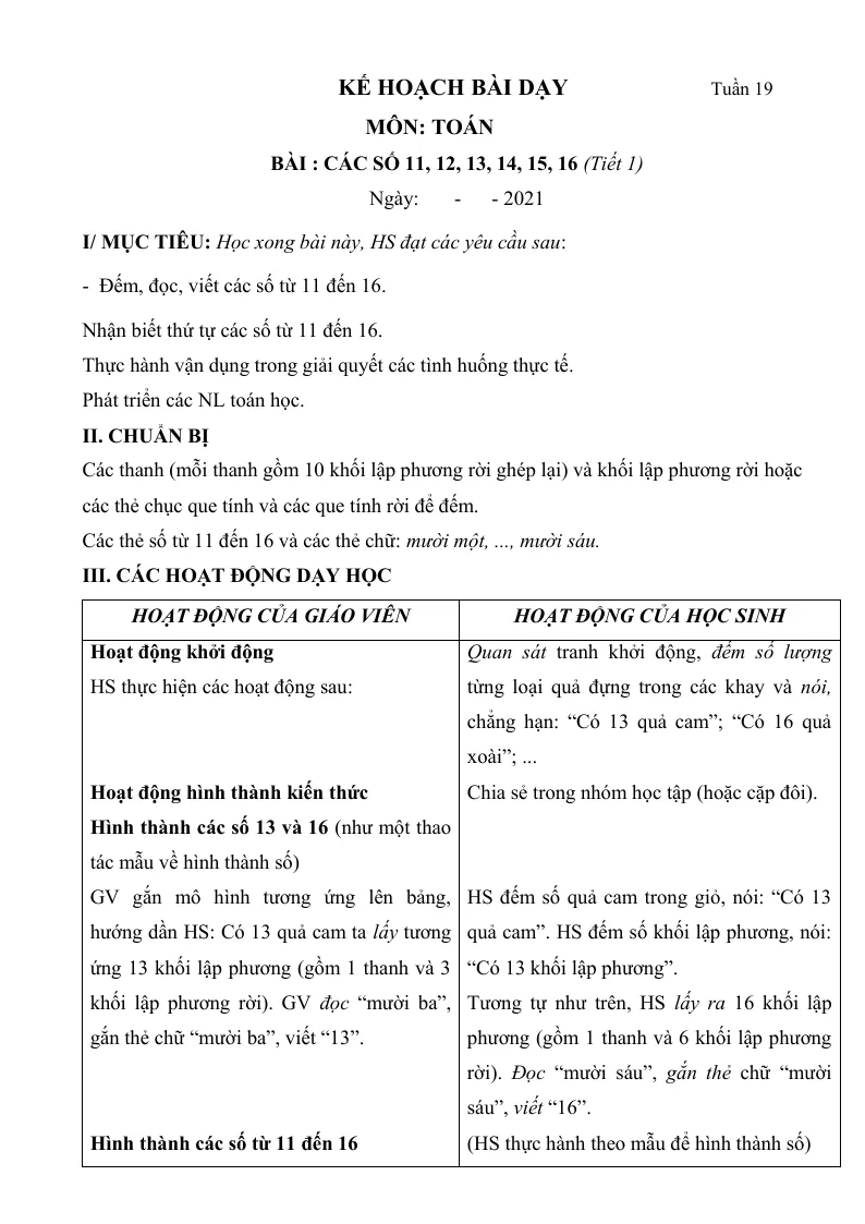 Giáo Án Toán Lớp 1 Sách Tuần 19