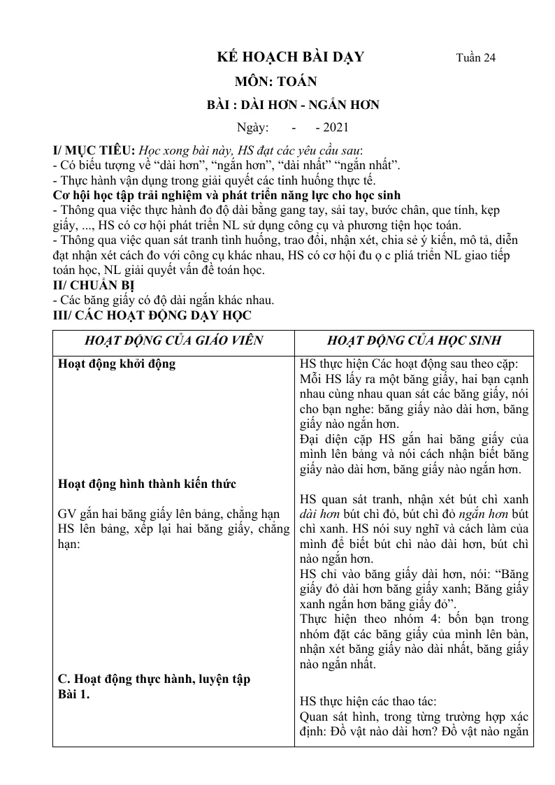 Giáo Án Toán Lớp 1 Sách Tuần 24