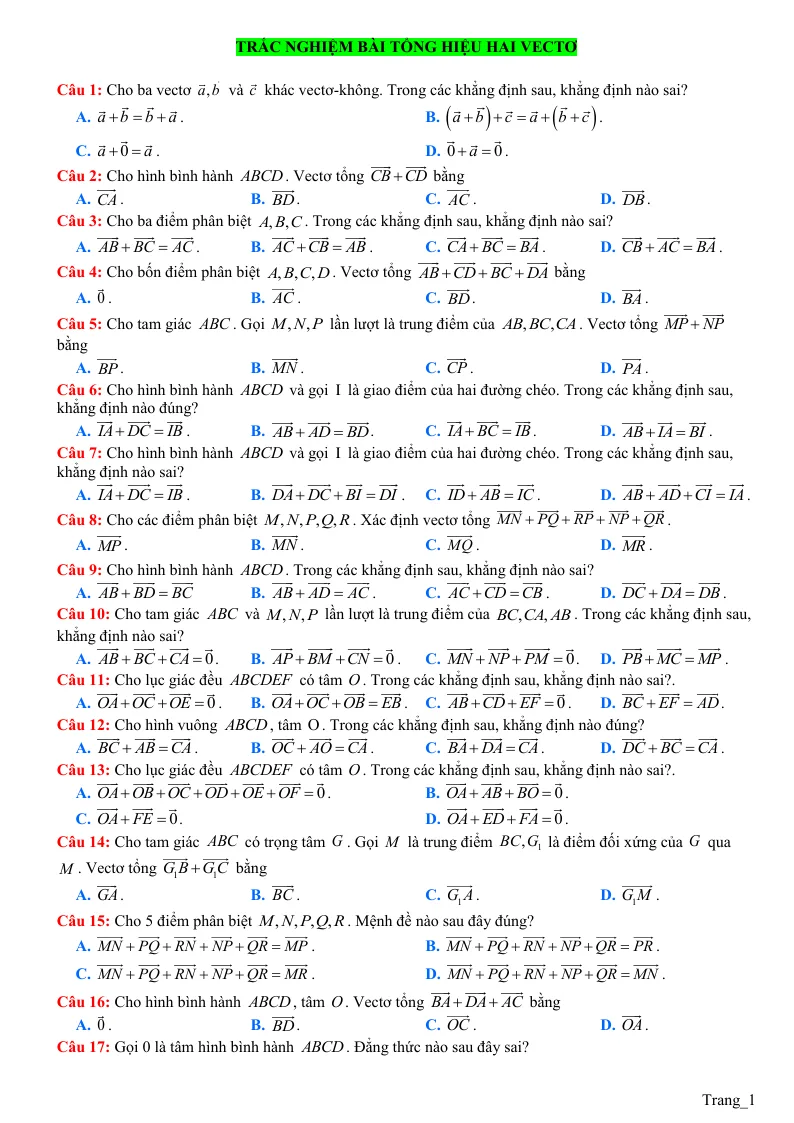 50 Câu Trắc Nghiệm Bài Tổng Hiệu Hai VecTơ