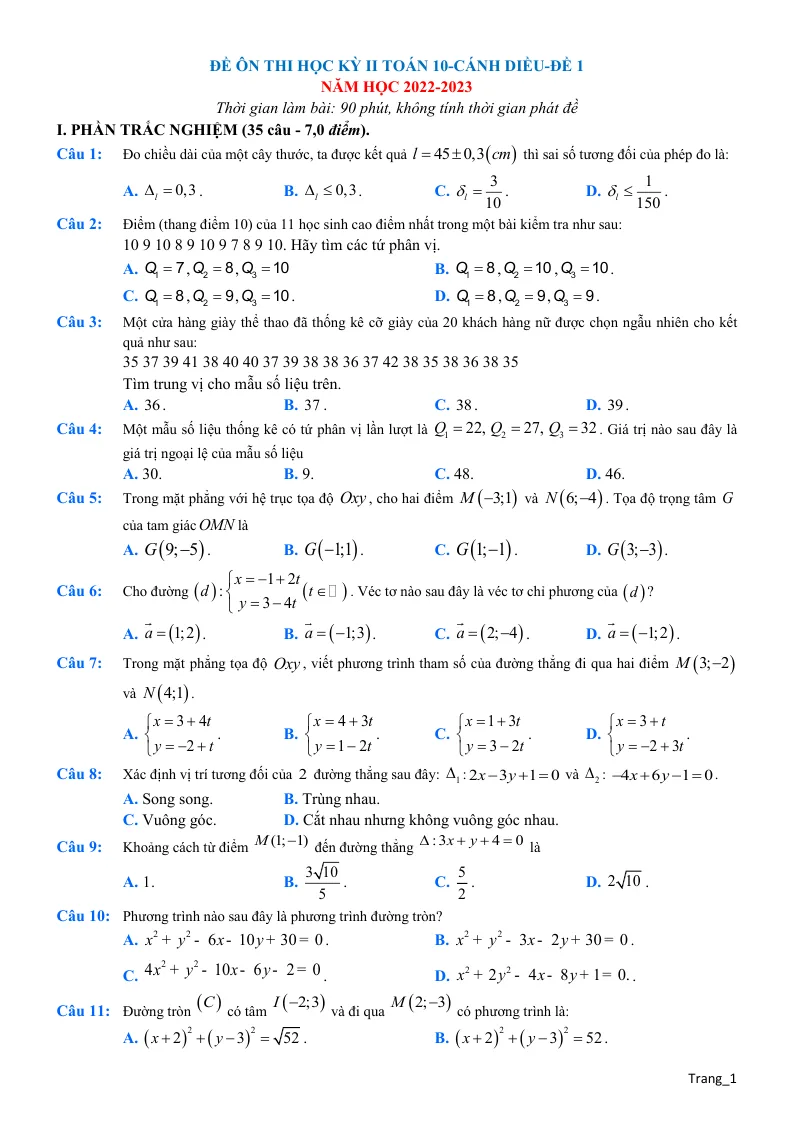Bộ Đề Ôn Thi HK2 Toán 10