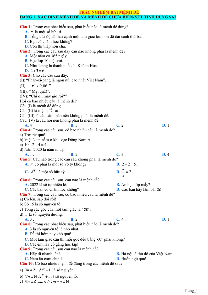 40 Câu Trắc Nghiệm Mệnh Đề Theo Từng Dạng