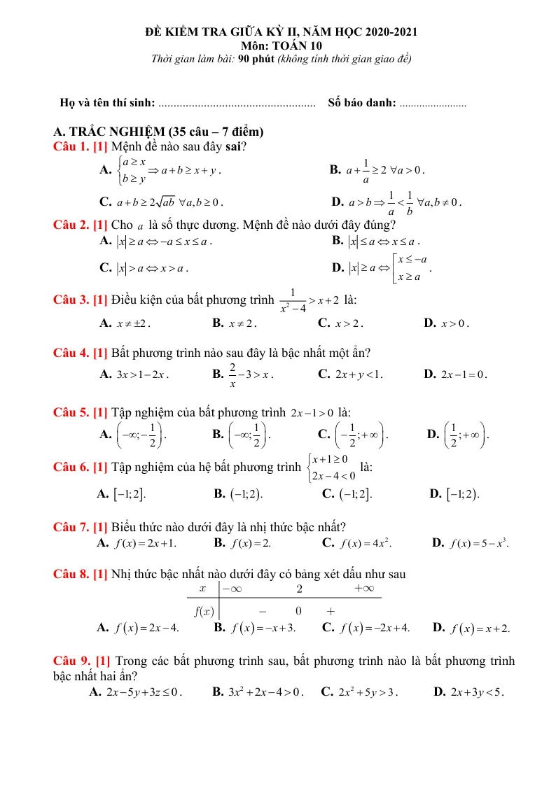Đề Thi Giữa Học Kỳ 2 Toán 10 Có Đáp Án (Đề 4)